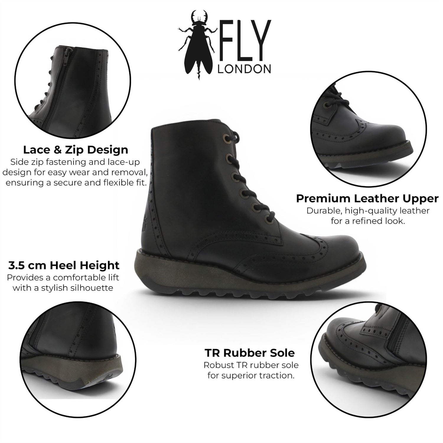 Fly London Women’s Black Leather Lace-Up Ankle Boots- SARL069