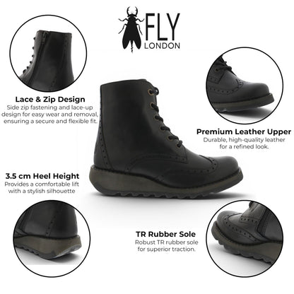 Fly London Women’s Black Leather Lace-Up Ankle Boots- SARL069