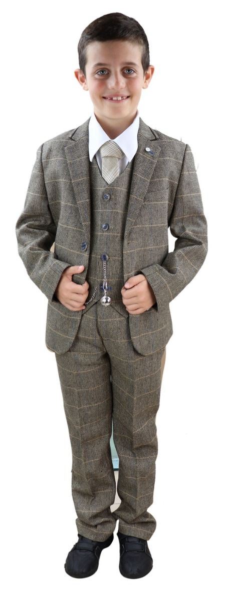 Boys 3 Piece Tan Brown Herringbone Tweed Check Classic  Suit