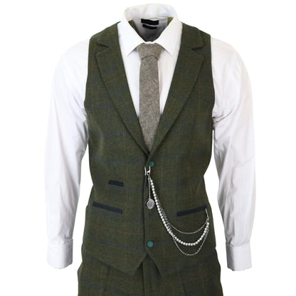 Mens 3 Piece Wool Suit Olive Green Tweed Check Peaky Blinders 1920 Gatsby Formal - Upperclass Fashions 