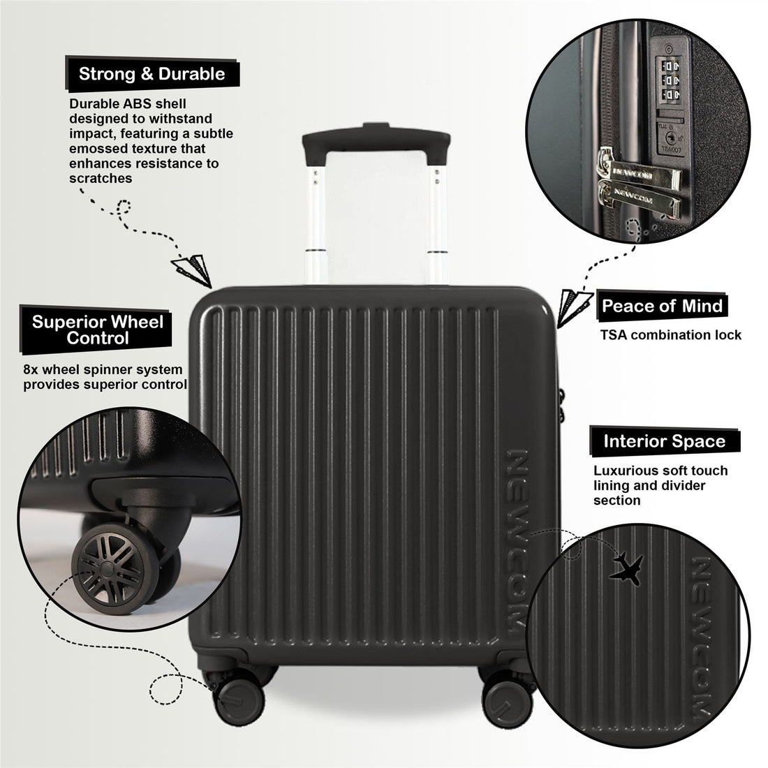 Hard Shell Cabin 44 x 22 x 38 cm Black TSA Secure Luggage Suitcase Suitable for Easyjet, Ryanair
