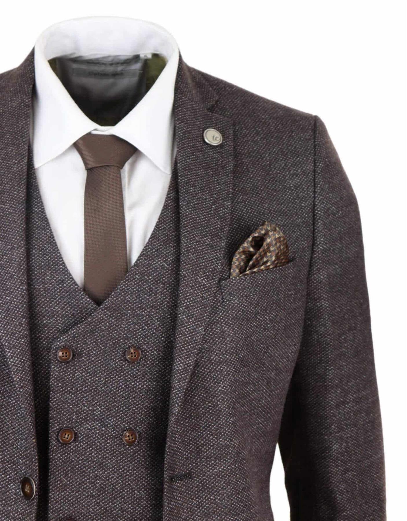 Mens Brown Wool 3 Piece Suit Double Breasted Tweed Peaky Blinders 1920 - Upperclass Fashions 