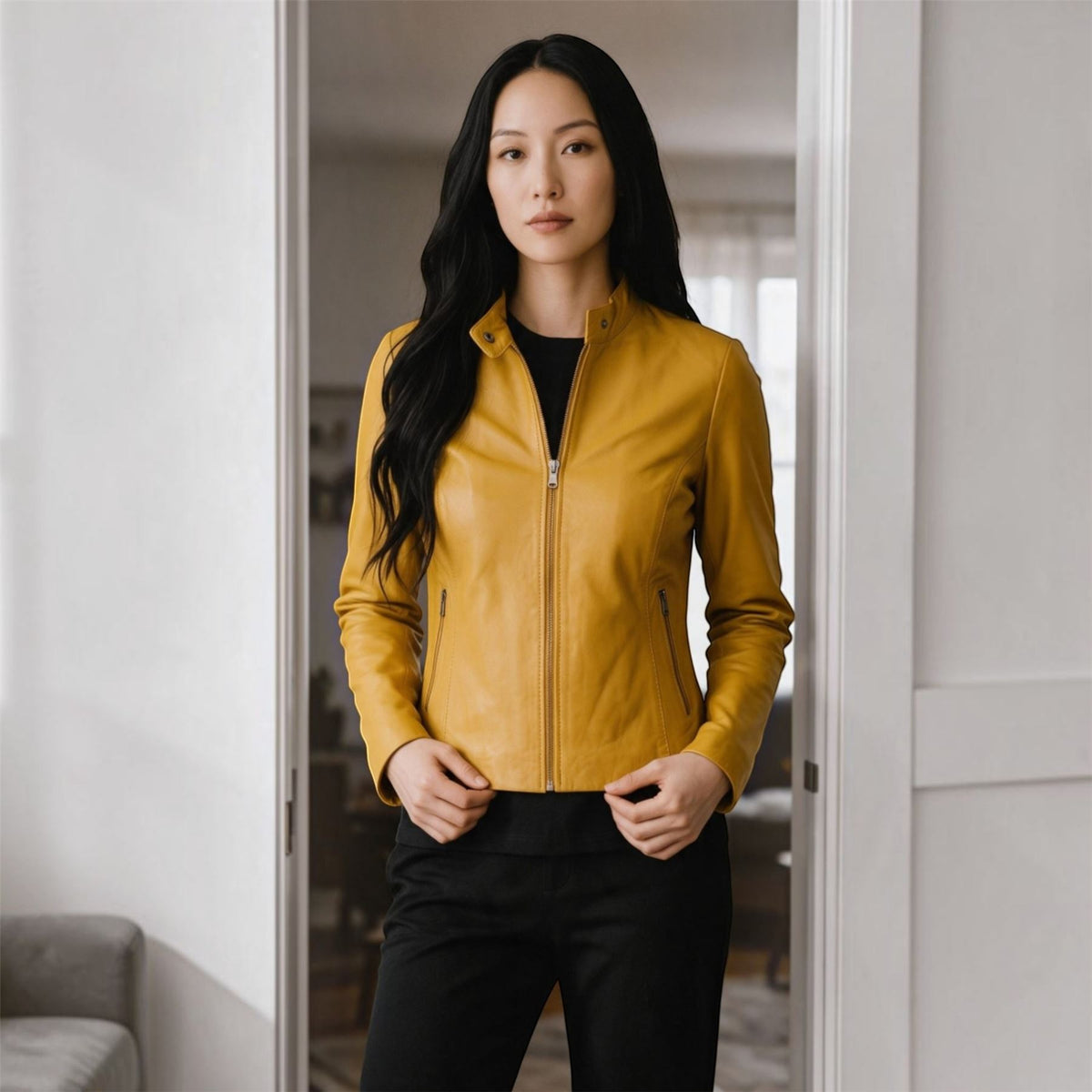 Womens Leather Stand Collar Racer Biker Jacket - 181
