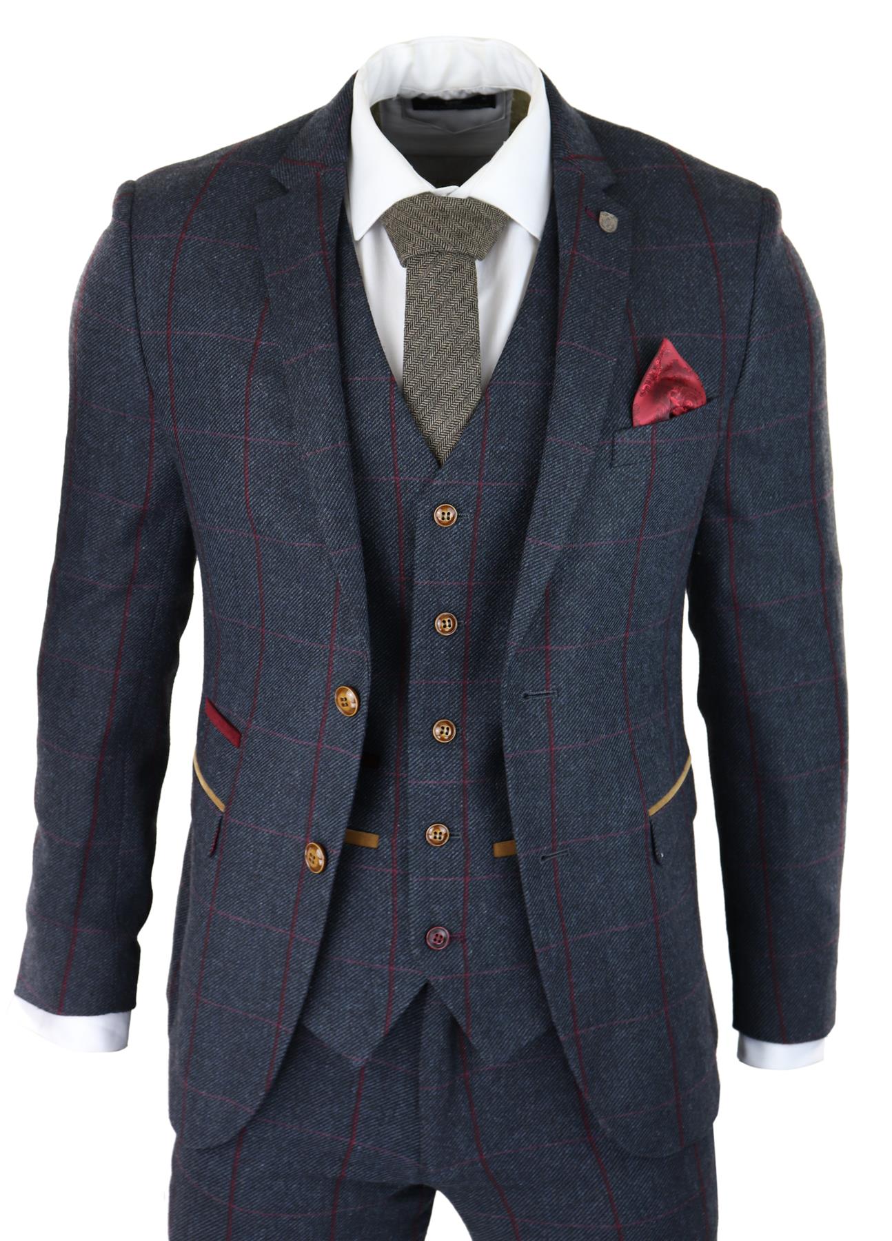 Mens Herringbone Tweed Suit 3 Piece Navy Blue Peaky Blinders 1920s Tailored Fit - Upperclass Fashions 