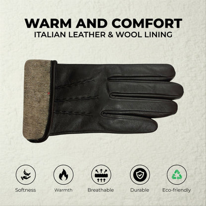 Womens Italian Leather Winter Stitch Line Design Soft Wool Lining Gloves