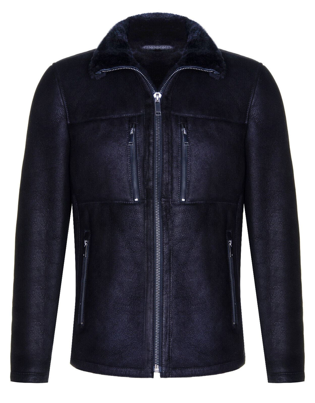 Mens Black Sheepskin Biker Bomber Jacket-Hungerford