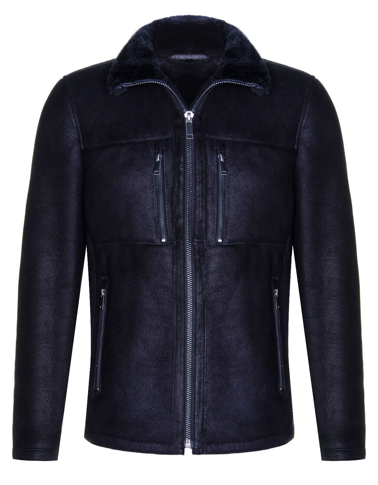 Mens Black Sheepskin Biker Bomber Jacket-Hungerford