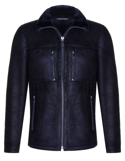 Mens Black Sheepskin Biker Bomber Jacket-Hungerford