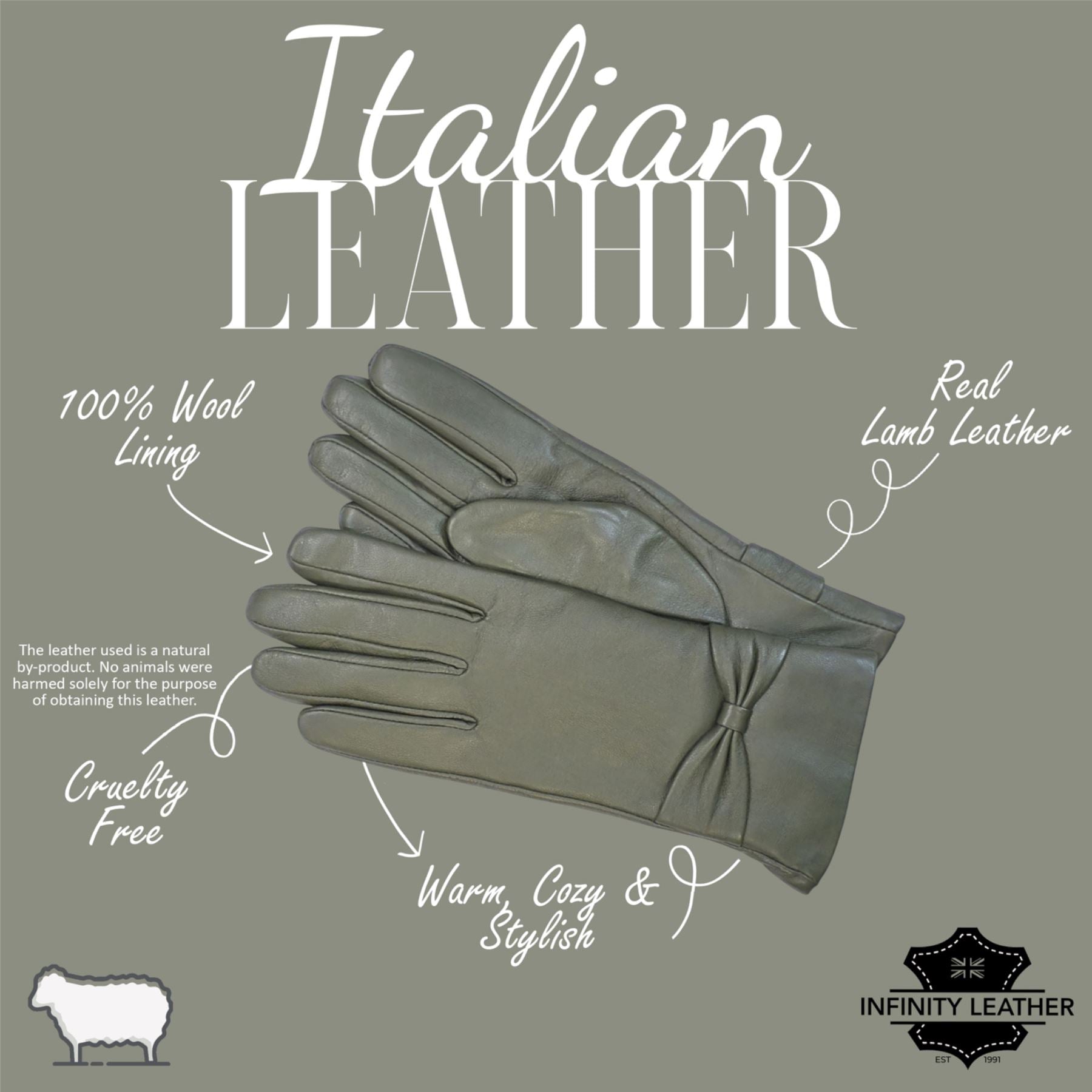 Womens Italian Leather Winter Bow Design Soft Wool Lining Gloves - L-GLV-401