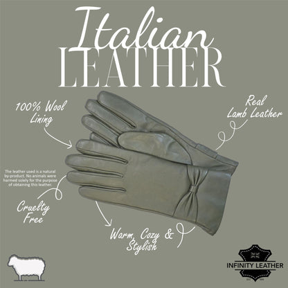 Womens Italian Leather Winter Bow Design Soft Wool Lining Gloves - L-GLV-401