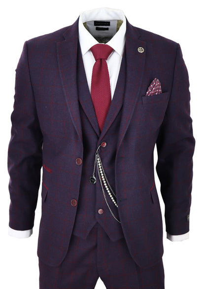 Mens 3 Piece Tweed Suit Plum Purple Check Peaky Blinders Classic 1920 Gatsby - Upperclass Fashions 