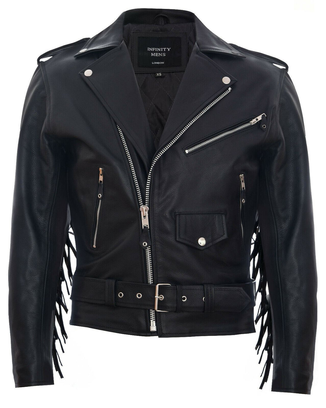 Mens Fringe Hide Leather Biker Jacket- Sevenoaks