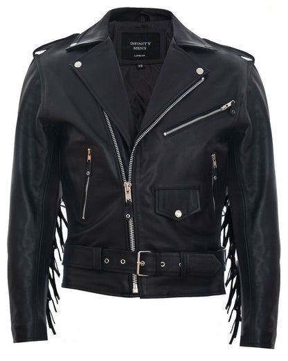 Mens Fringe Hide Leather Biker Jacket- Sevenoaks