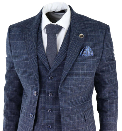 Mens Blue Check 3 Piece Tweed Suit Peaky Blinders 1920s Gatsby Tailored Fit