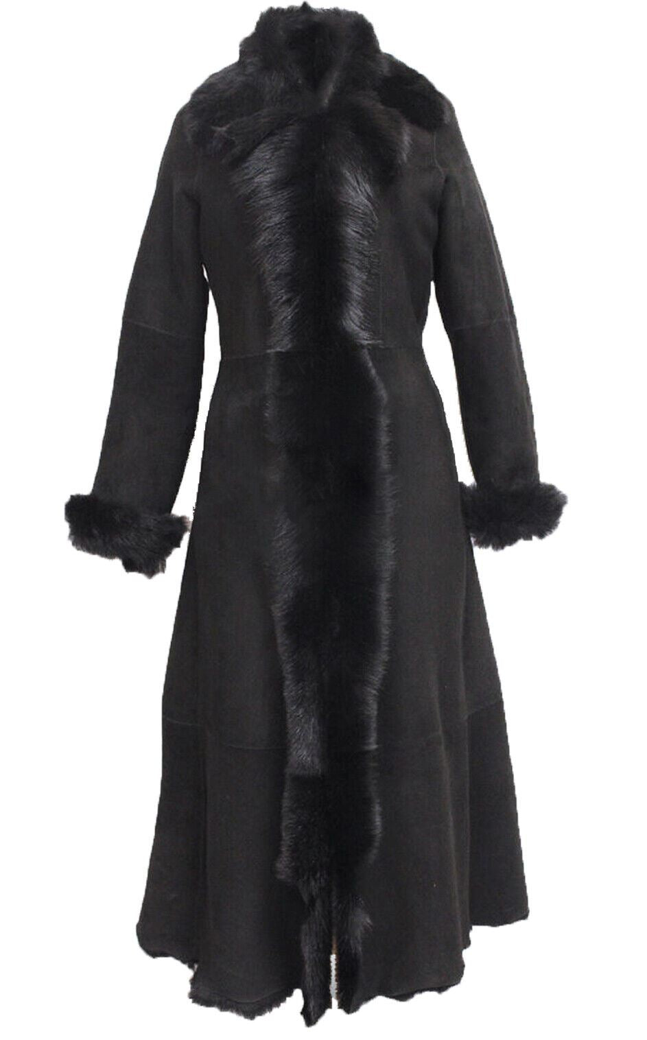 Womens Black Suede Toscana Sheepskin Hooded Trench Coat-Fribourg