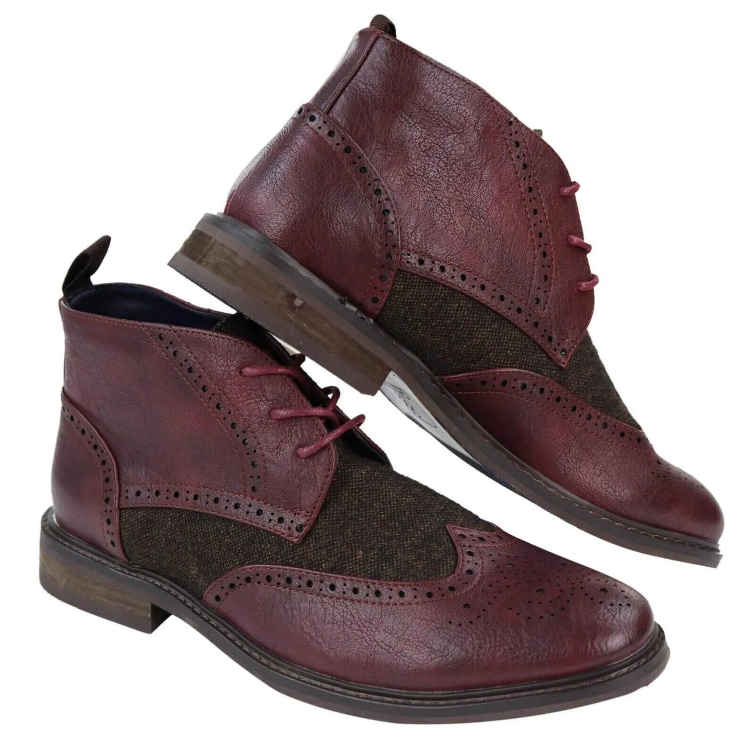 Mens Classic Tweed Oxford Brogue Ankle Boots in Wine Leather - Upperclass Fashions 