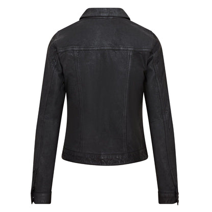 Womens Black Leather Trucker Jeans Jacket-  Watton