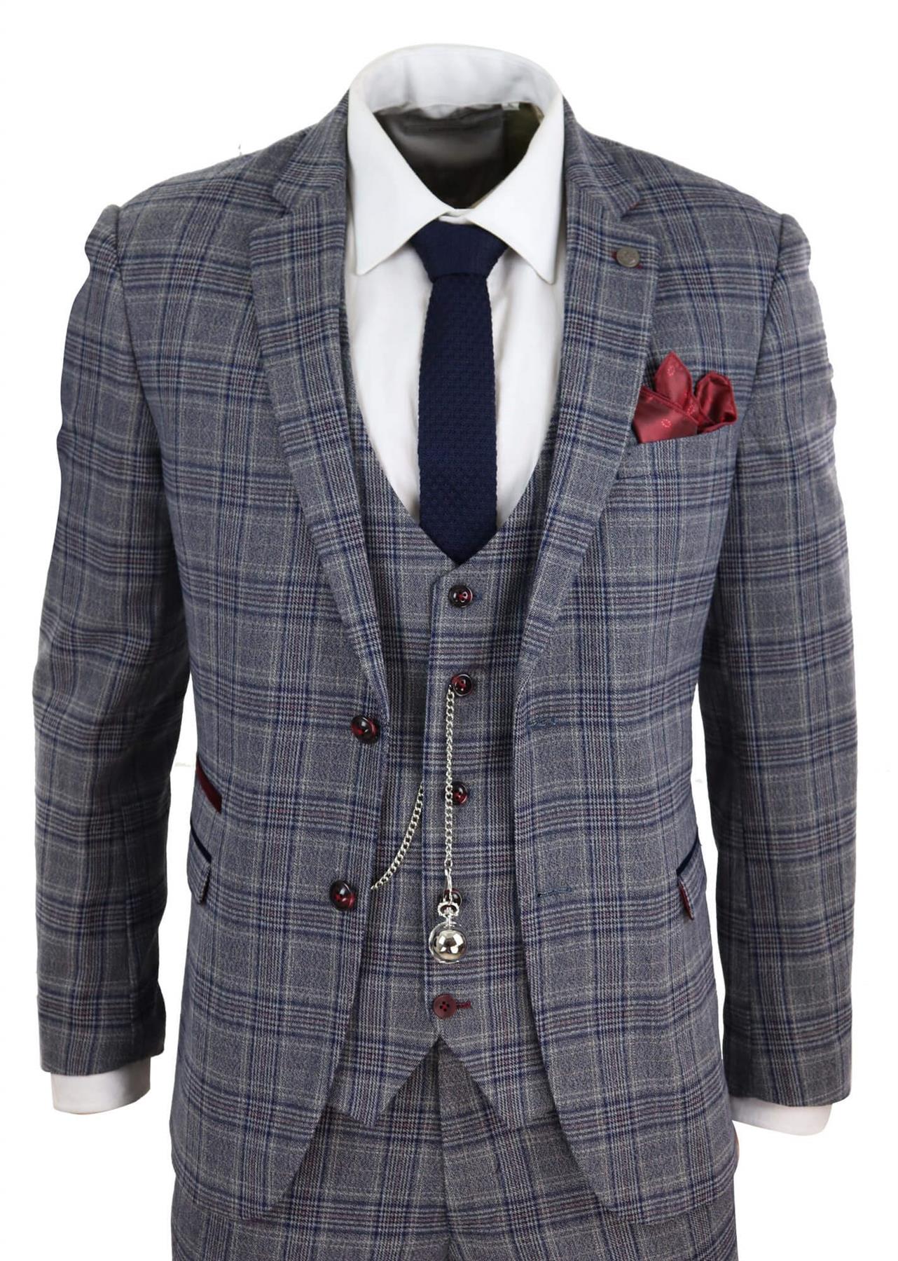 Mens 3 Piece Grey Herringbone Tweed Check Suit