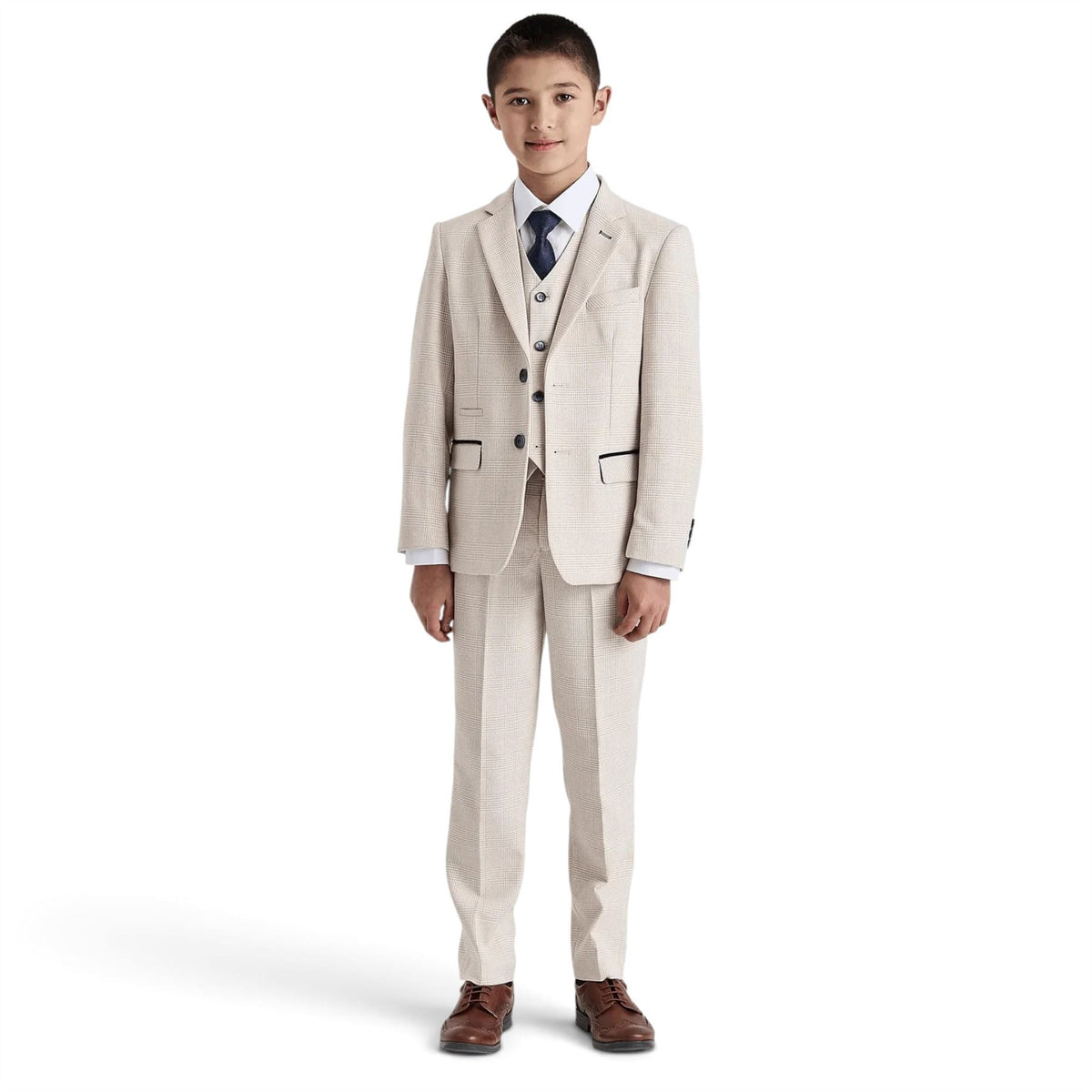 Boys Cream 3 Piece Check Formal Suit - Regent