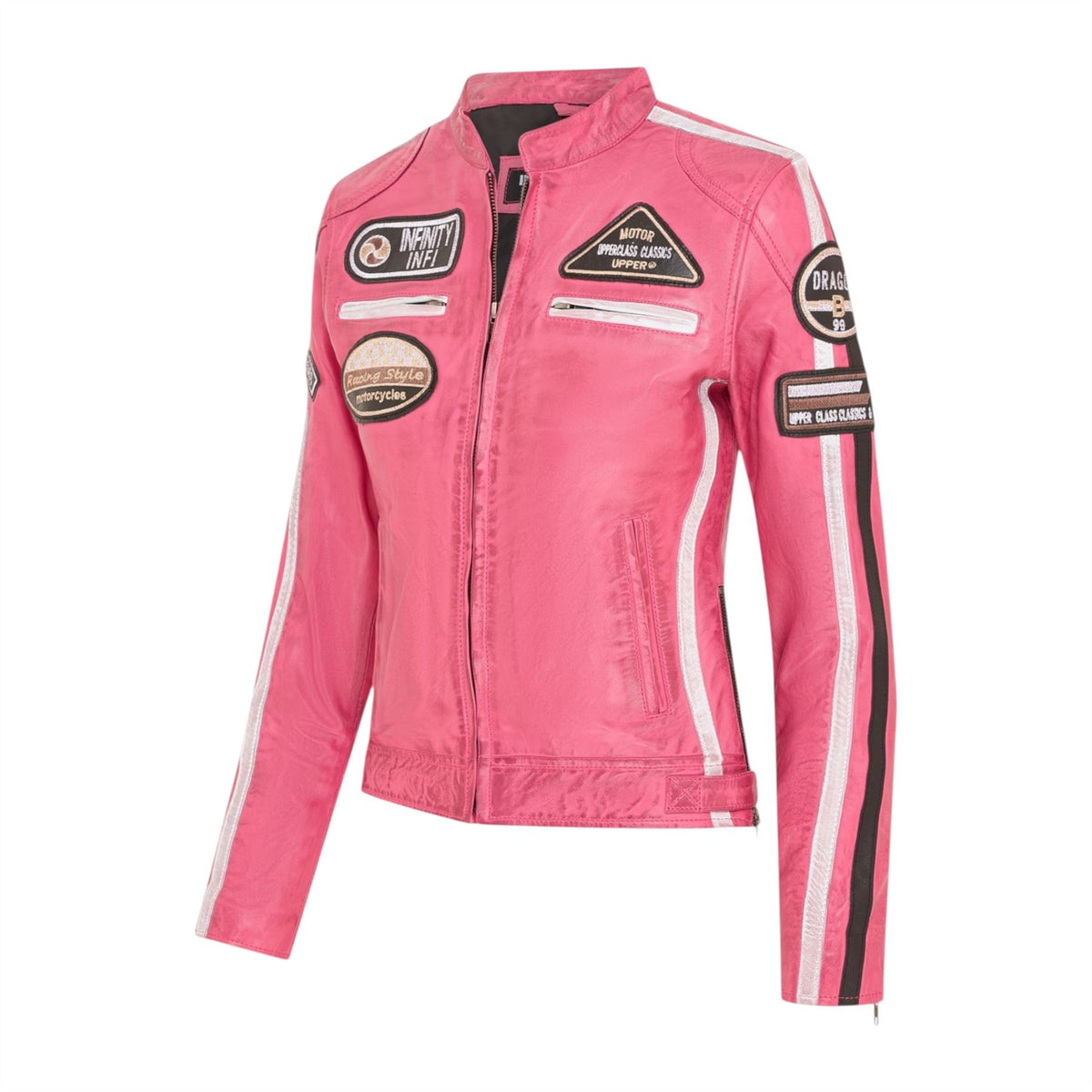 Womens Biker Racing Badges Leather Jacket-Eastleigh
