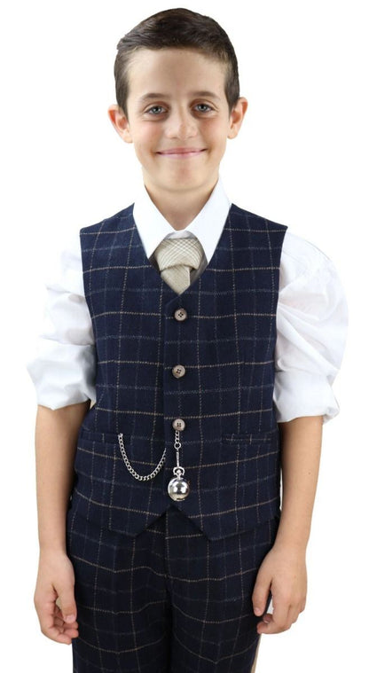 Boys 3 Piece Navy Blue Tweed Check Classic  Suit
