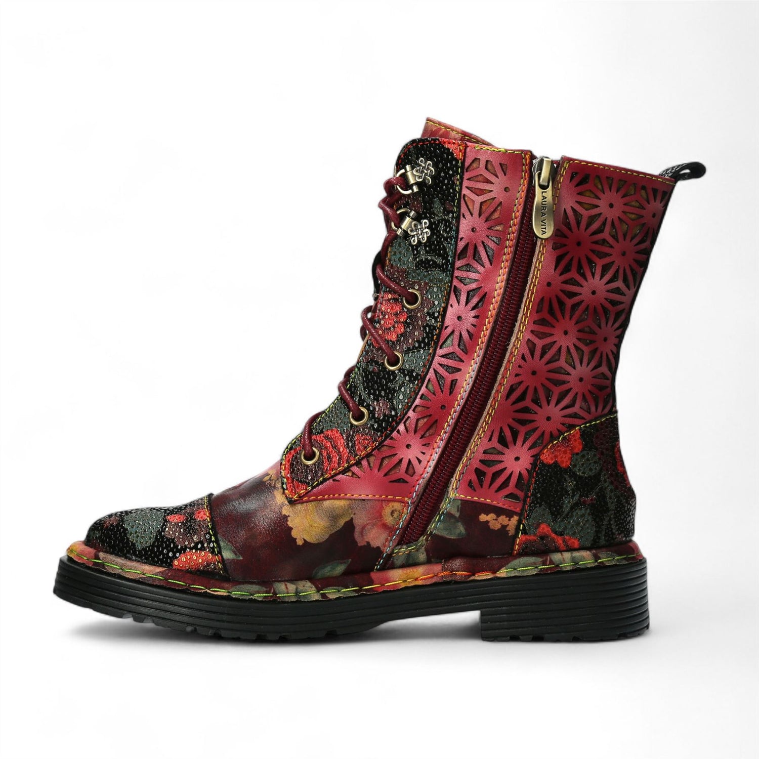 Laura Vita Incaso 36 Red Floral Womens Gothic Victorian Leather Ankle High Boots