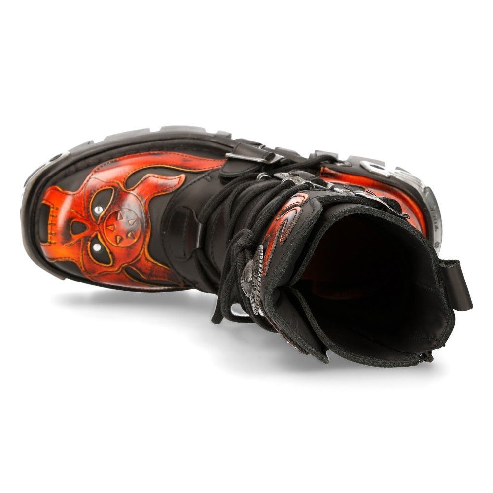 New Rock Flame Accented Black/Red Leather Biker Skull Boots - 107-S1