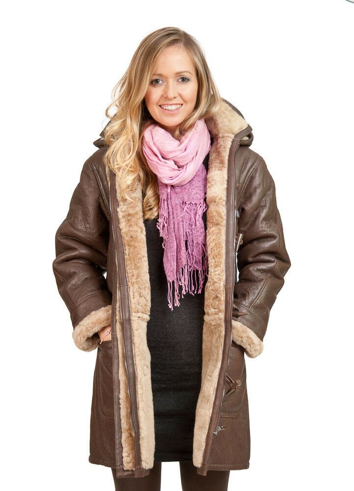 Womens Brown Shearling Hooded Duffle Coat-Rugby