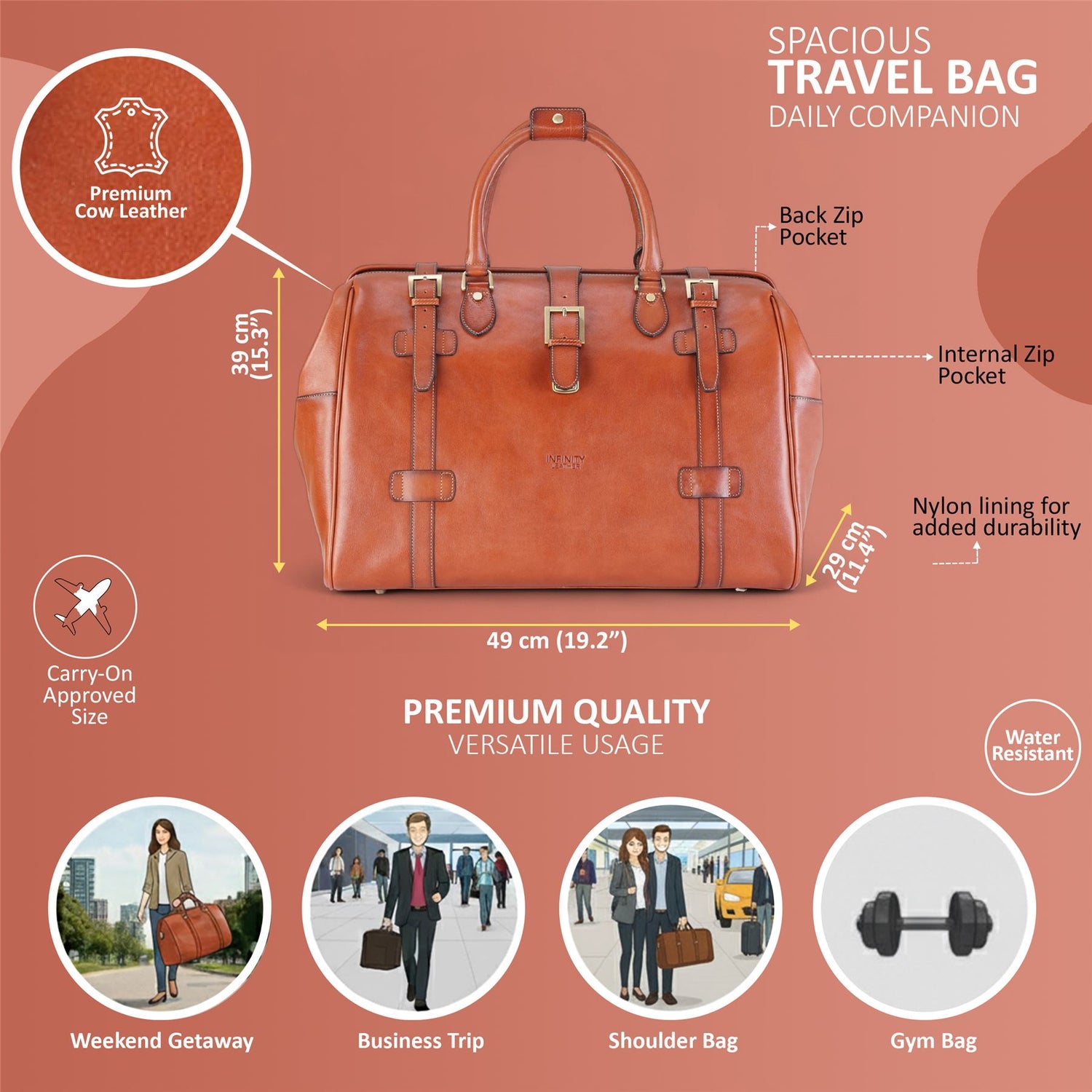 Genuine Leather Tan Duffle Holdall Vintage Travel Gym Bag - Windsor
