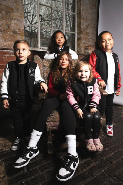 Kids Varsity Bomber Jacket with Real Leather Sleeves 3-13 yrs