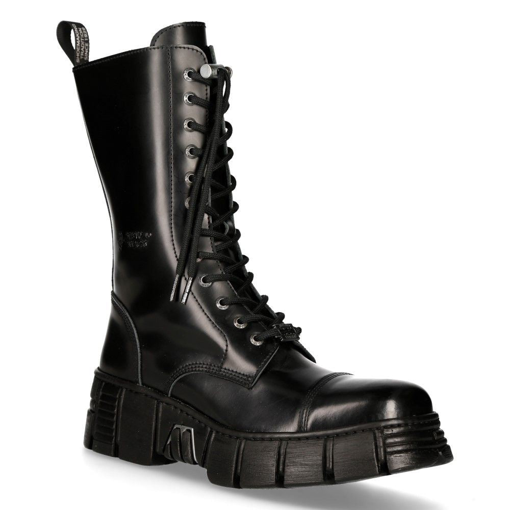 New Rock Black Leather Mid-Calf Tower Biker Boots-M-WALL127N-C1