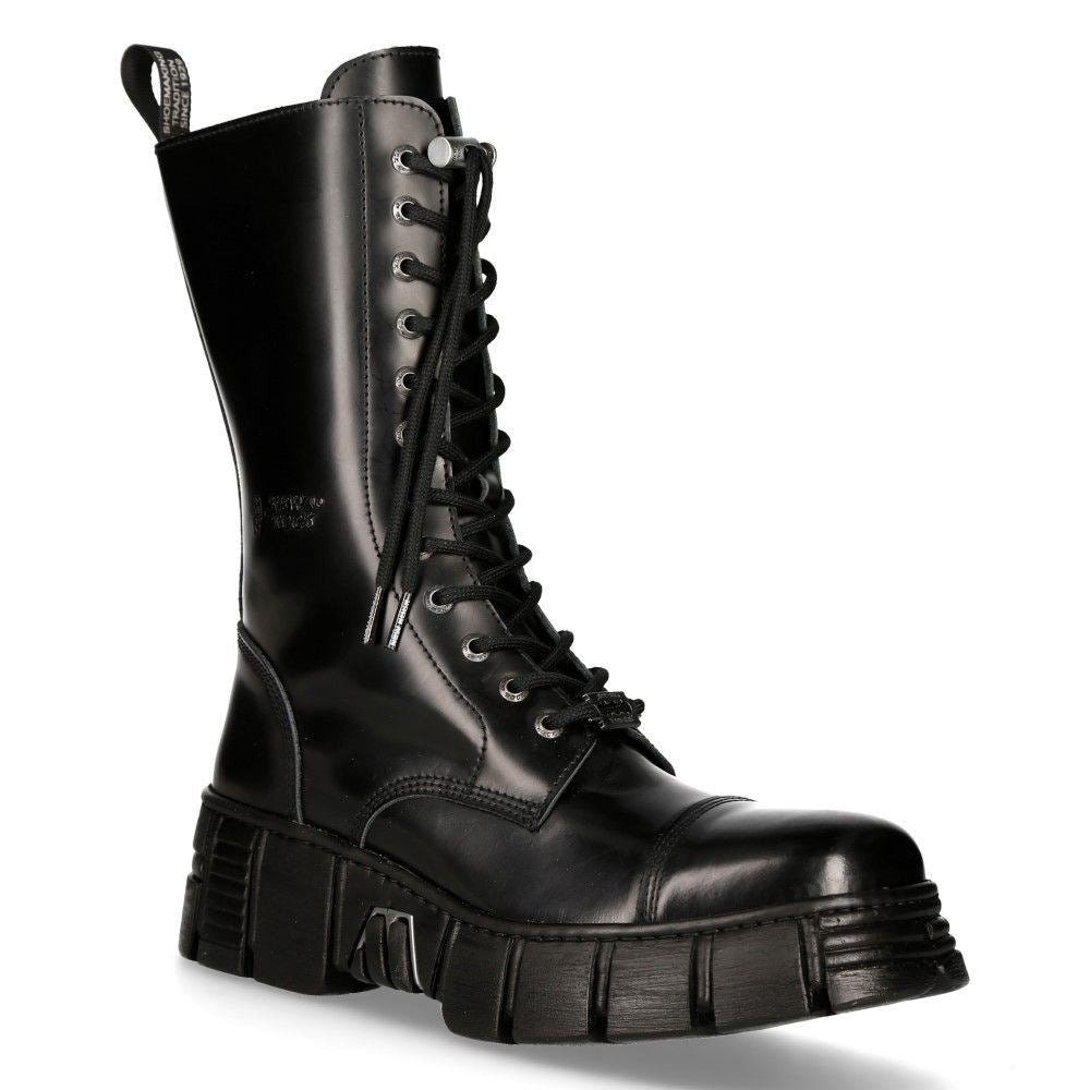 New Rock Black Leather Mid-Calf Tower Biker Boots-M-WALL127N-C1 - Upperclass Fashions 