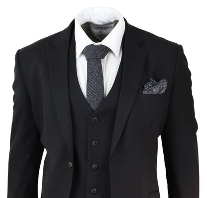 Mens 3 Piece Plain Black Classic Retro Tailored Suit