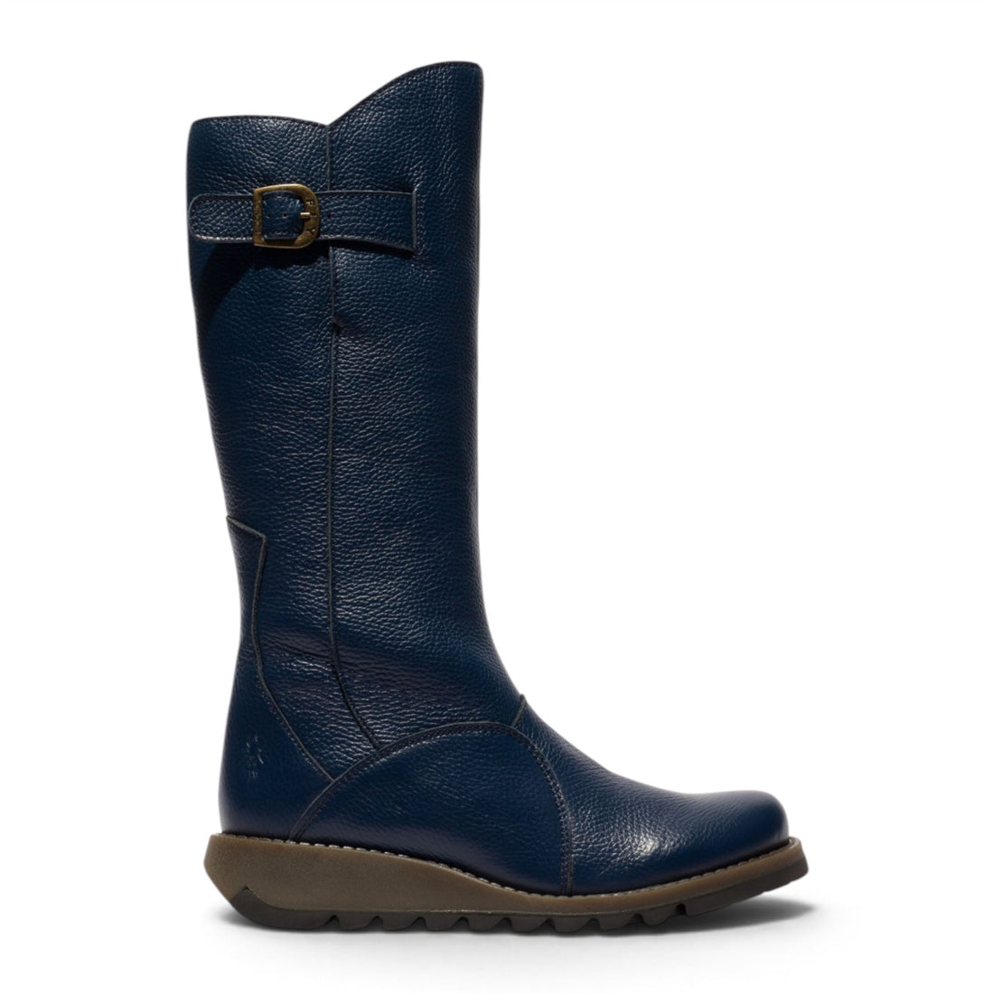Fly London Womens Navy Leather Wedge Heel Knee High Long Boots - MOL2