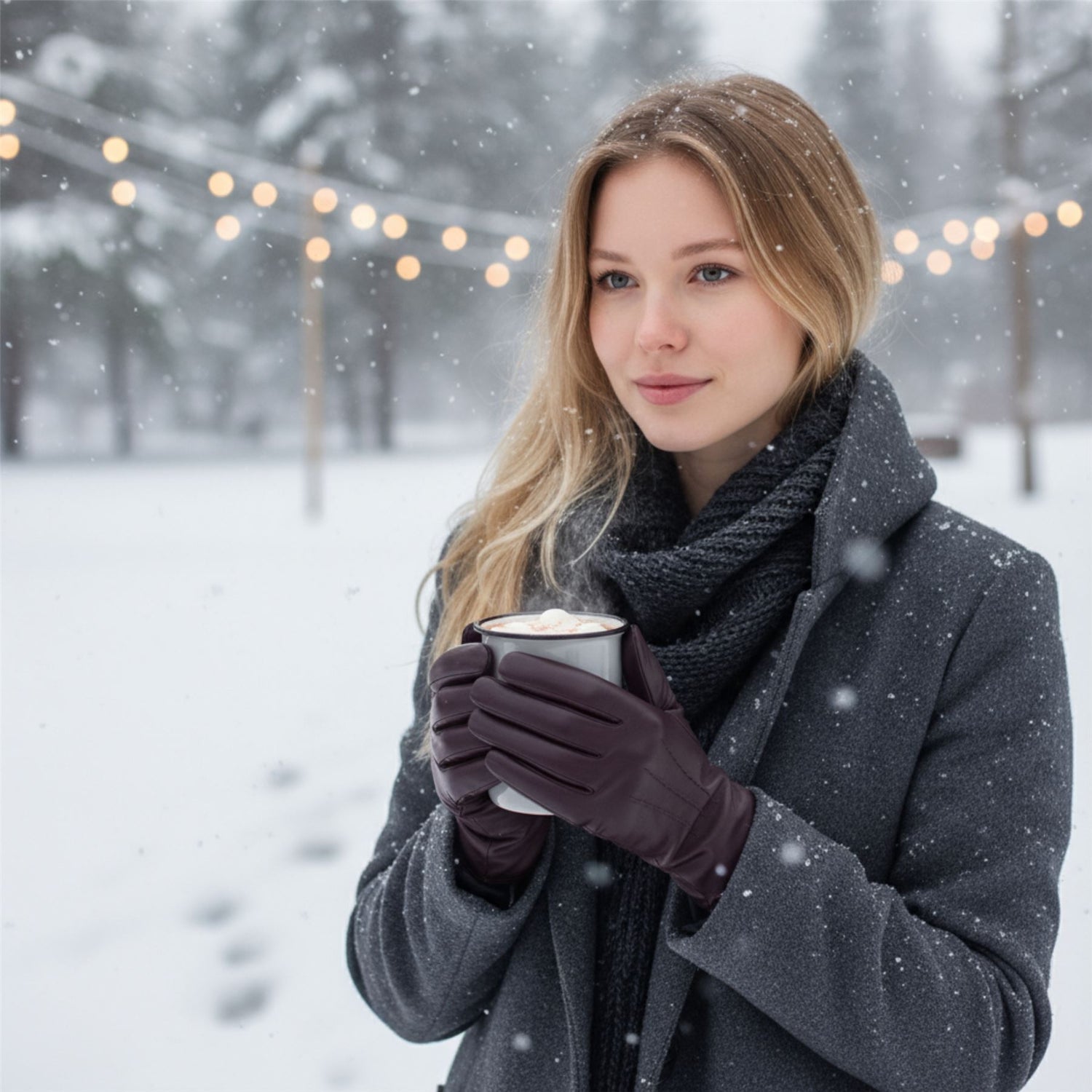 Womens Italian Leather Winter Stitch Line Design Soft Wool Lining Gloves