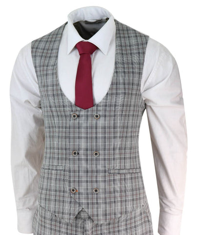 Mens 3 Piece Grey Check Retro Vintage Classic Suit