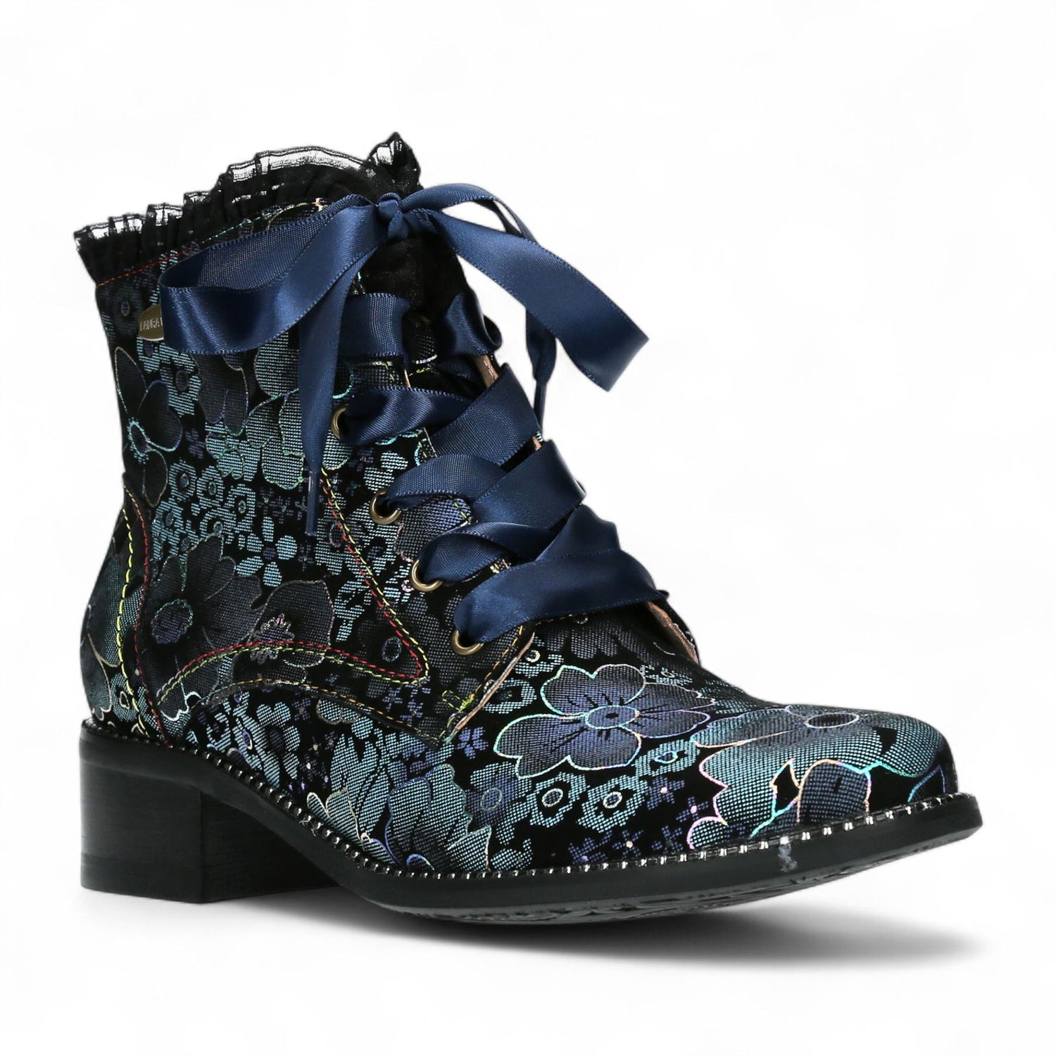 Laura Vita Emcmao-45 Blue Floral Womens Gothic Victorian Leather Ankle Heeled Boots