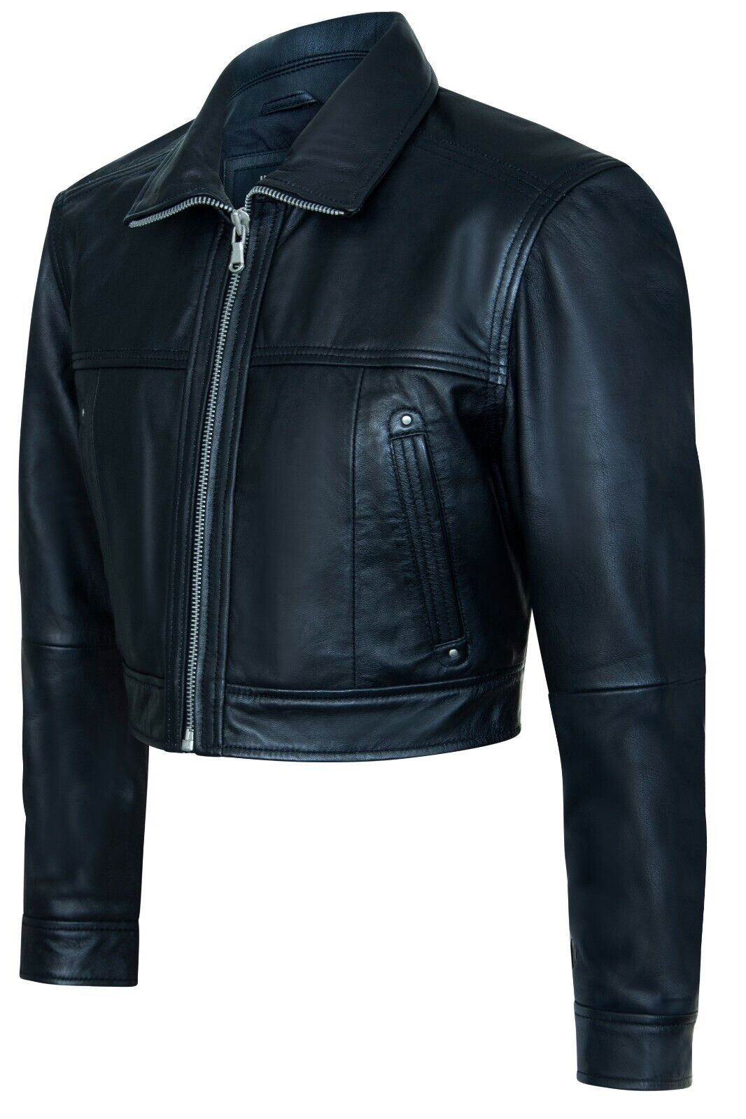 Womens Black Cropped Biker Leather Jacket - Wellington