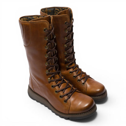 Fly London Women’s Brown Leather Lace-Up Combat Ankle Boots- STER768
