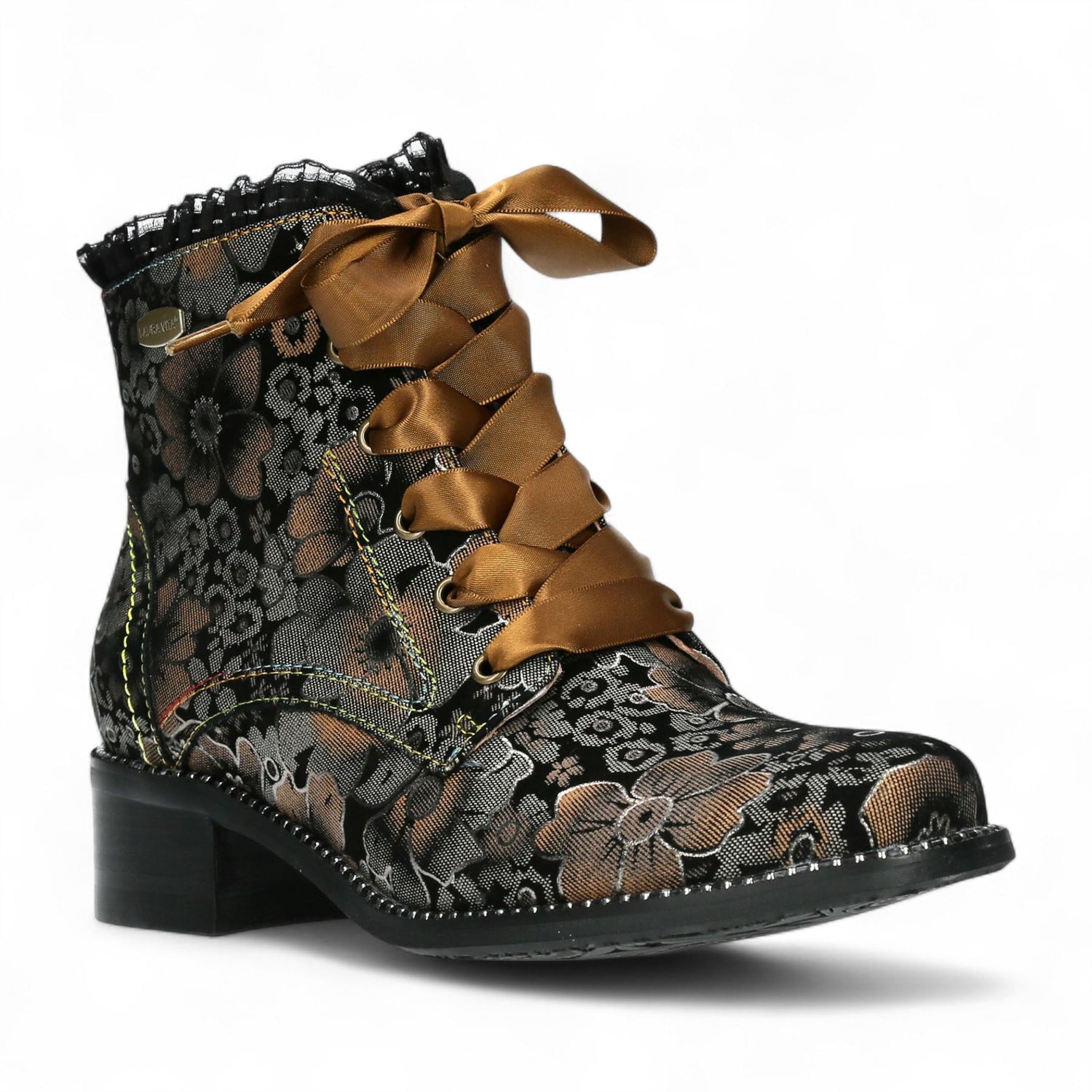 Laura Vita Emcmao-45 Brown Floral Womens Gothic Victorian Leather Ankle Heeled Boots
