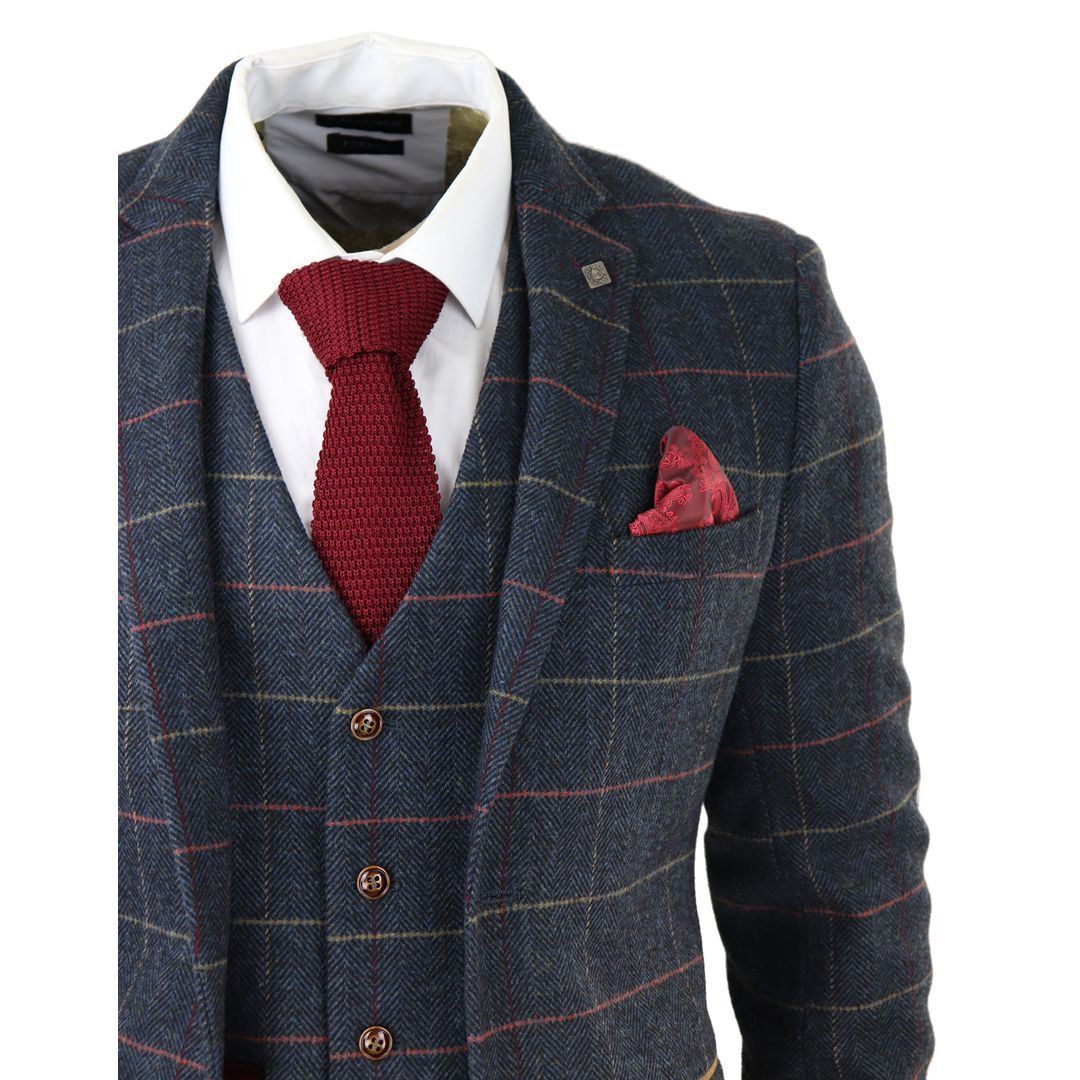 Mens Navy Tweed Check 3-Piece Suit - Upperclass Fashions 