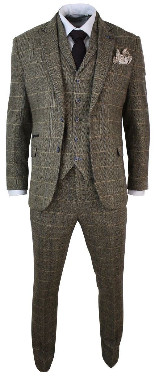 Mens 3 Piece Tan Brown Check Tweed Herringbone Vintage Classic Suit - Upperclass Fashions 