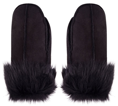 Handmade REAL LEATHER SHEEPSKIN MITTENS SHEARLING BLACK MITTS GLOVES THICK WARM - Upperclass Fashions 