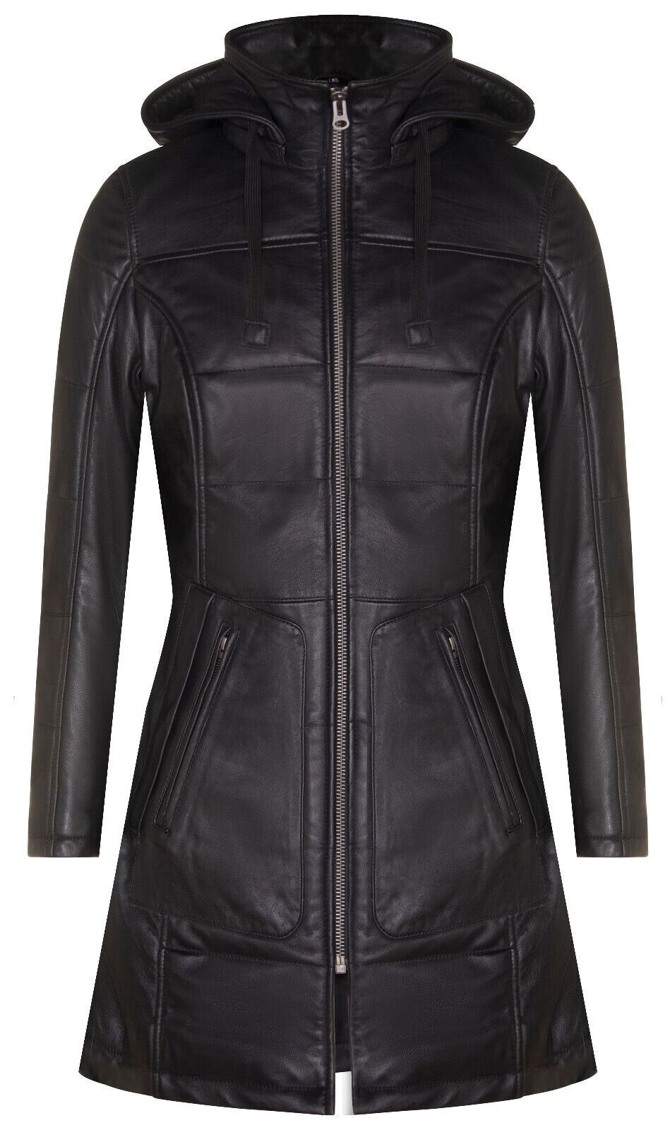 Womens Leather Hooded Quilted Parka Coat-Olney