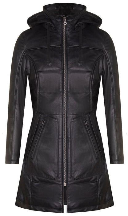 Womens Leather Hooded Quilted Parka Coat-Olney