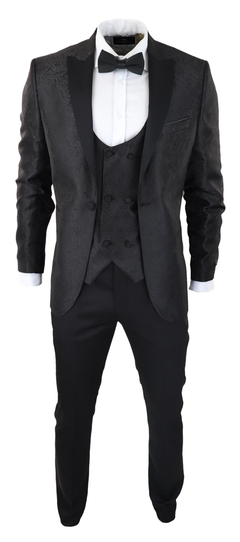 Mens Black Tuxedo Blazer Waistcoat Brocade Satin Paisley Formal Dinner Upperclass Fashions