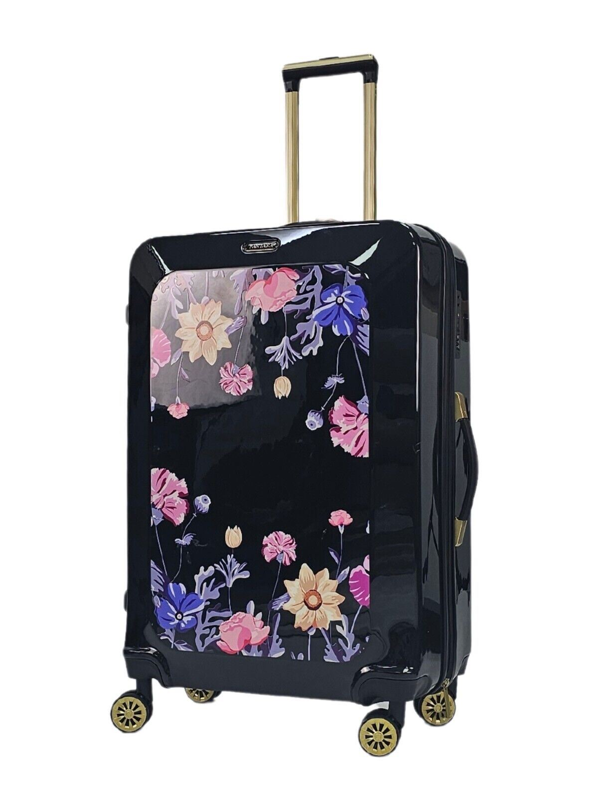 Hard Shell Black 4 Wheel Suitcase Flower Print Luggage Cabin - Upperclass Fashions 