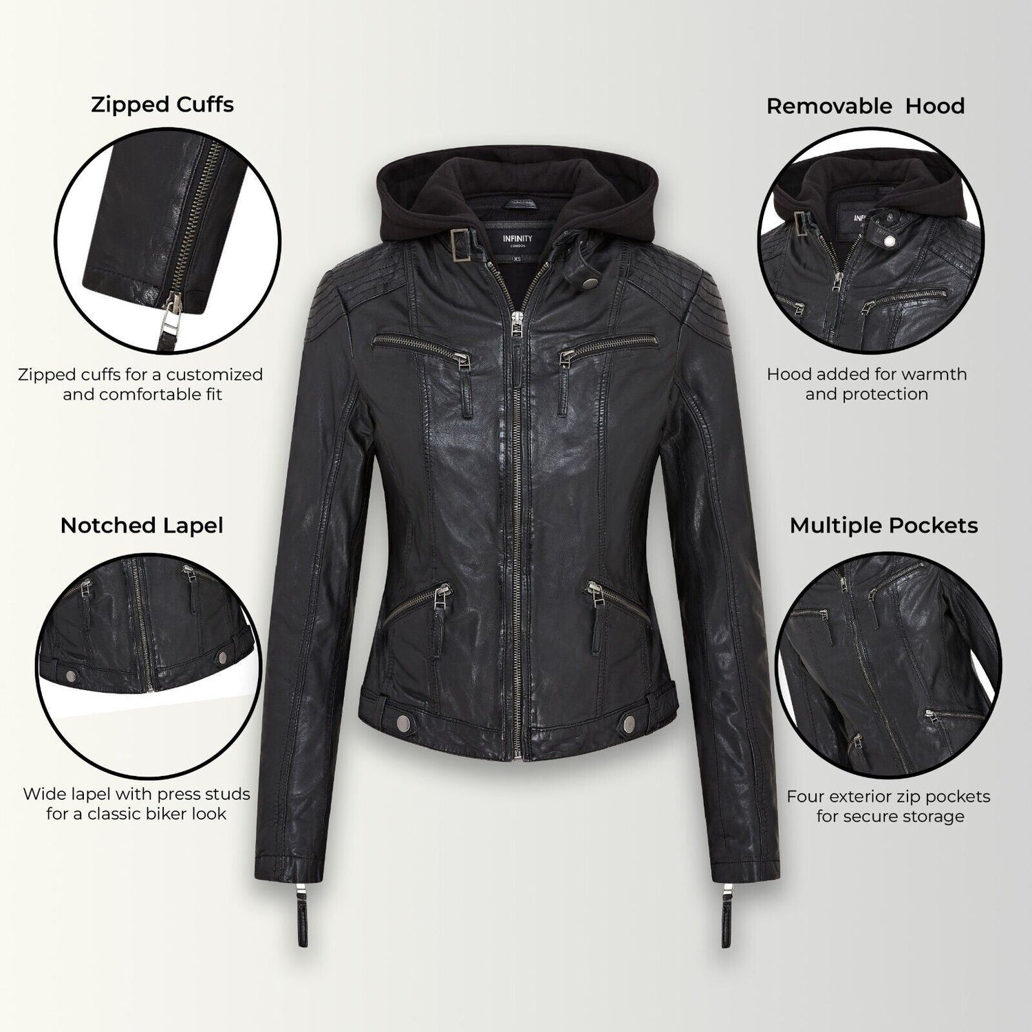 Womens Hooded Classic Biker Jacket - Wareham