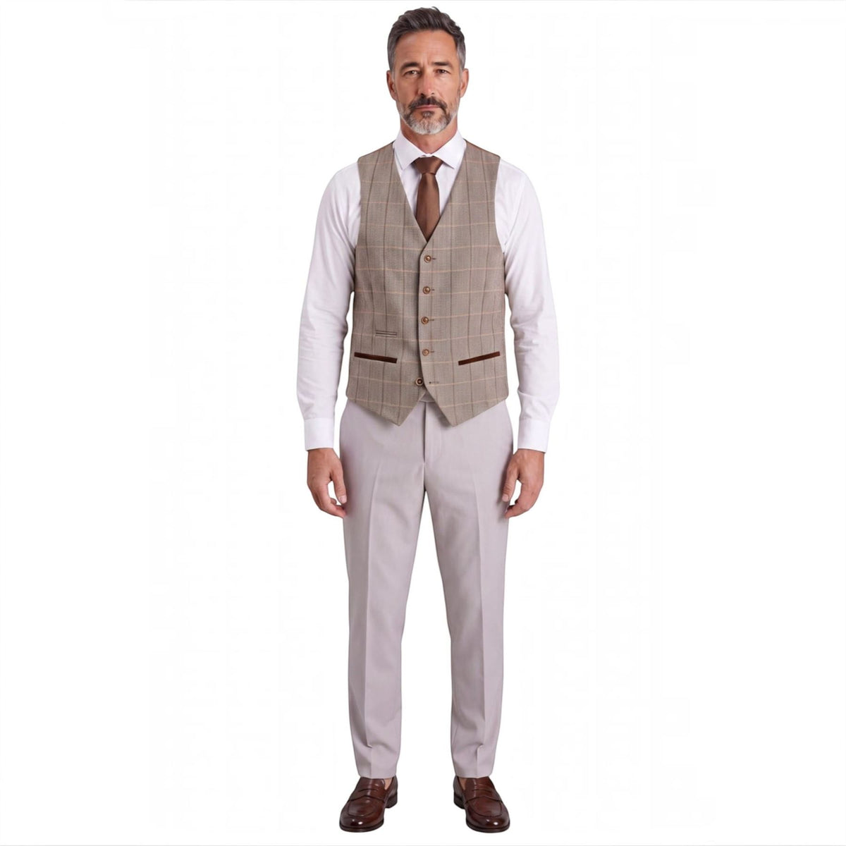 Mens Stone Suit with Harris Brown Tweed Waistcoat Wedding Suit - Mayfair