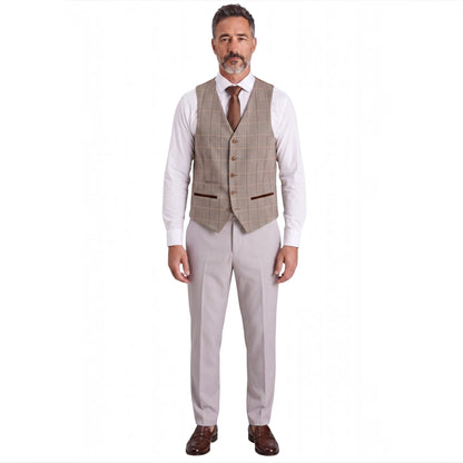 Mens Stone Suit with Harris Brown Tweed Waistcoat Wedding Suit - Mayfair